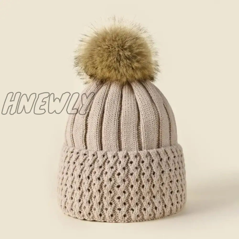 Hnewly Women Winter Solid Knitted Hat Casual Brimless Big Fur Pompom For Females Warm Fashion