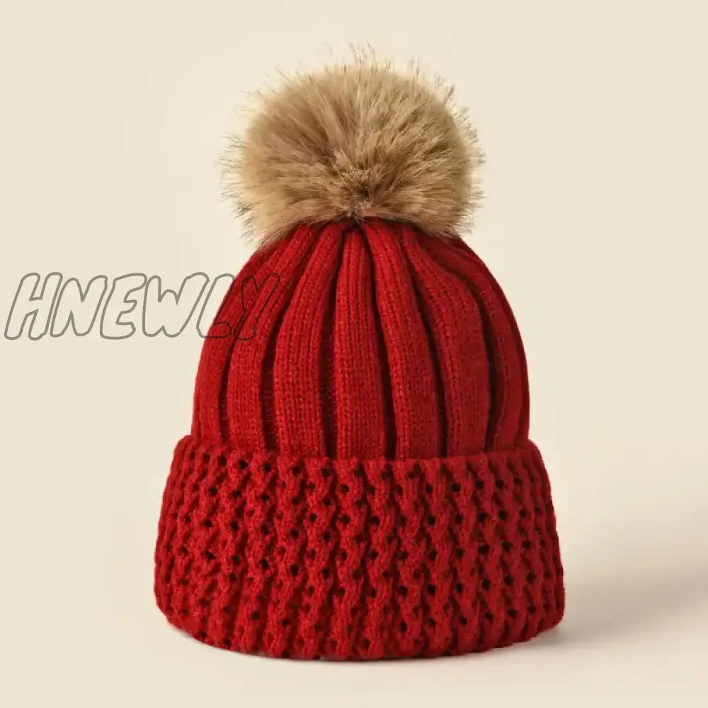 Hnewly Women Winter Solid Knitted Hat Casual Brimless Big Fur Pompom For Females Warm Fashion