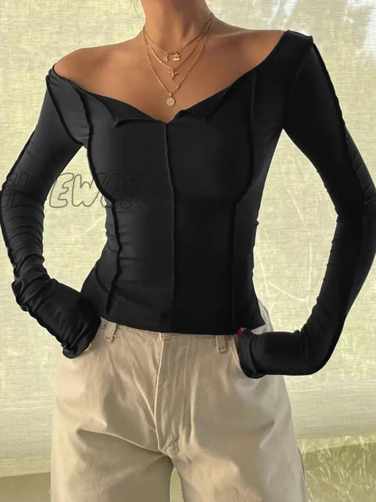 Hnewly Women Y2K Ruched Slim Fit Crop Tshirts Long Sleeve Low Cut Fitted Knit Shirt Top Sexy Ribbed