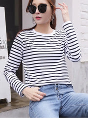 Hnewly Women’s Autumn Long Sleeve T Shirt O - Neck Striped Cotton Tops For Women Casual T -