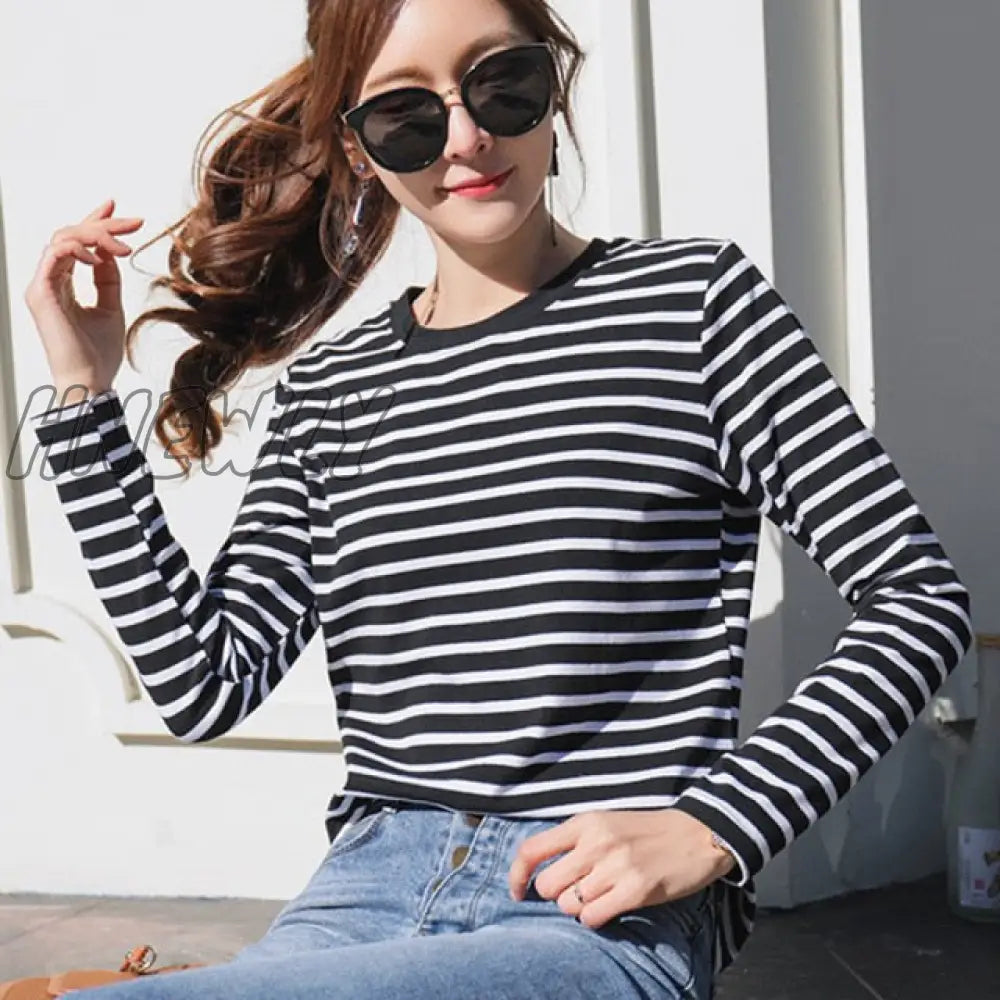 Hnewly Women’s Autumn Long Sleeve T Shirt O - Neck Striped Cotton Tops For Women Casual T -