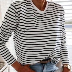 Hnewly Women’s Autumn Long Sleeve T Shirt O - Neck Striped Cotton Tops For Women Casual T -