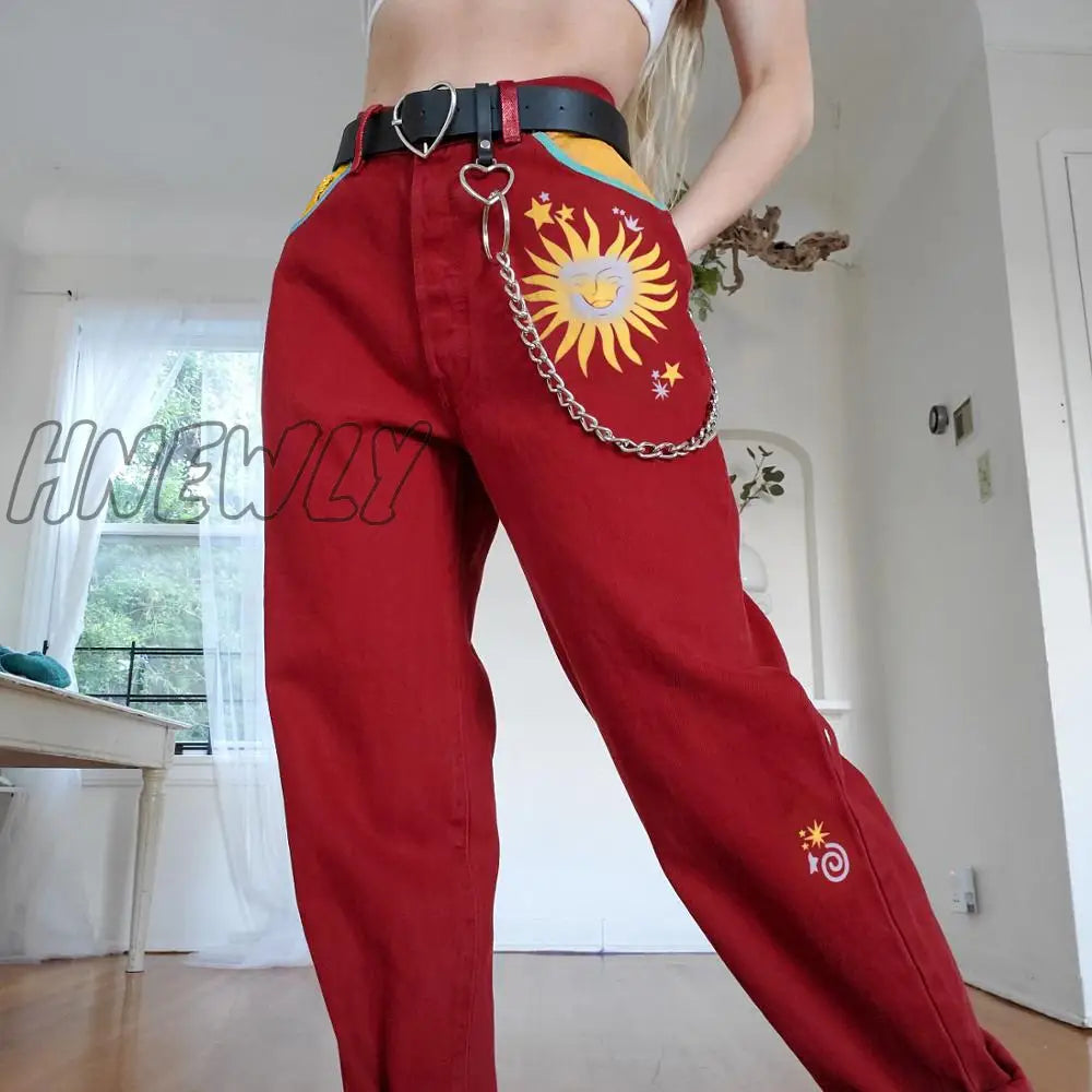 Hnewly Women’s Casual Sun Print Straight Trousers Red Streetwear Long Pants Harem For Women High