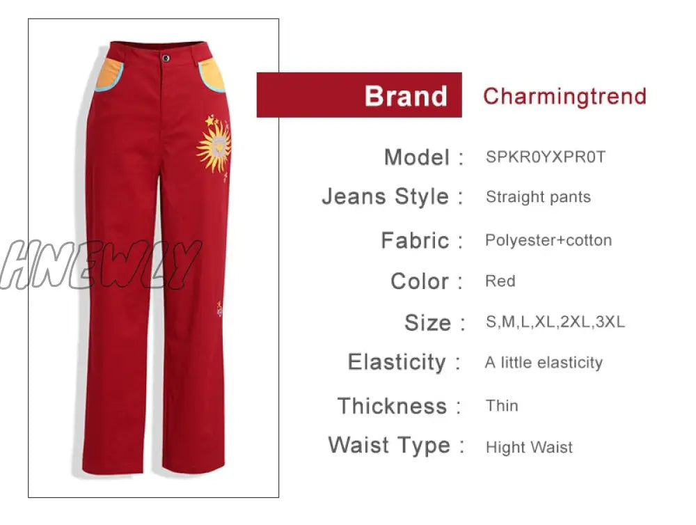 Hnewly Women’s Casual Sun Print Straight Trousers Red Streetwear Long Pants Harem For Women High