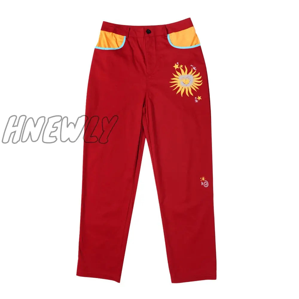 Hnewly Women’s Casual Sun Print Straight Trousers Red Streetwear Long Pants Harem For Women High