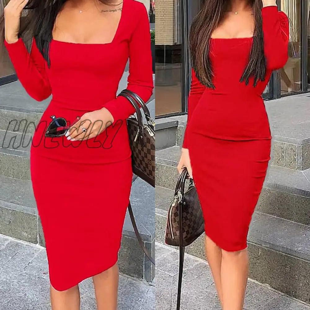 Hnewly Womens Elegant Fashion Sexy Black Blue Red Cocktail Party Slim Fit Dresses Square Collar