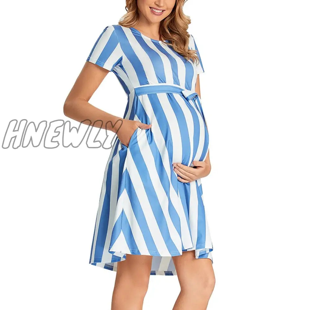 Hnewly Women’s Elegant Maternity Dress Summer Short Sleeve Striped Pregnancy Casual Midi Flowy