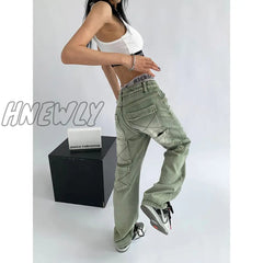 Hnewly Women’s Green Jeans Vintage Washed Multiple Pockets Wide Leg Pants Casual Street High