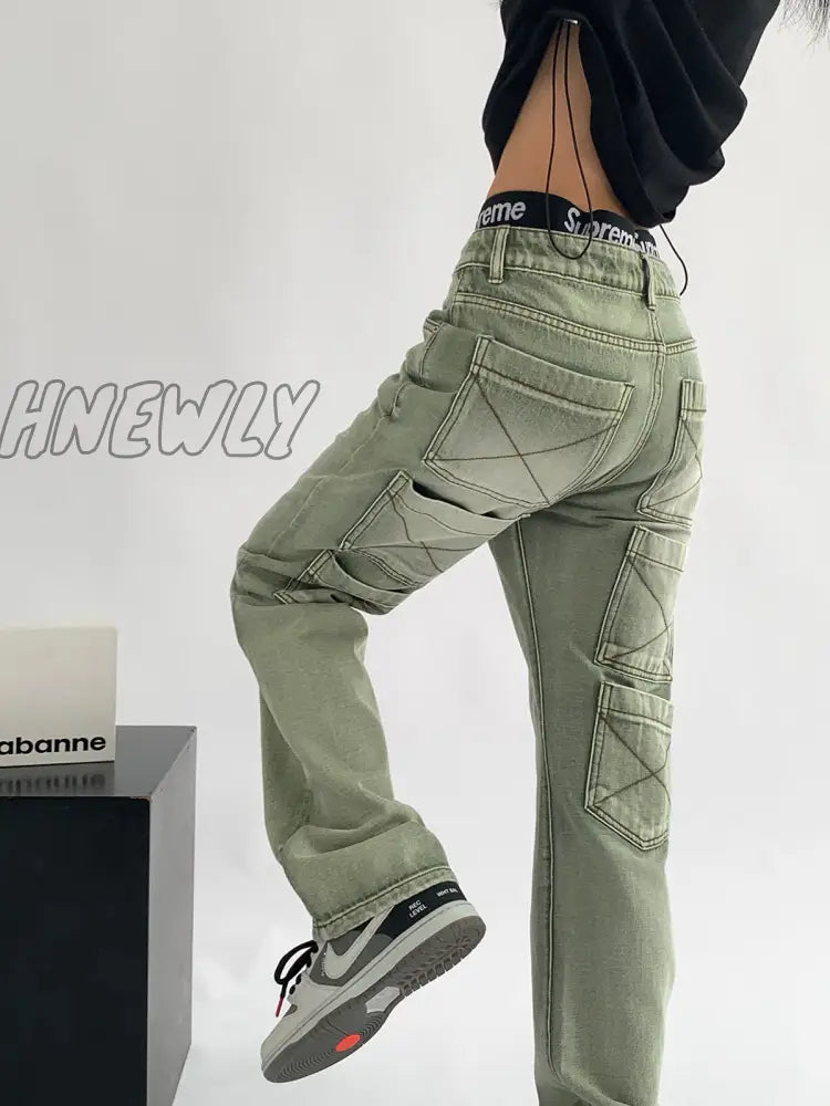 Hnewly Women’s Green Jeans Vintage Washed Multiple Pockets Wide Leg Pants Casual Street High