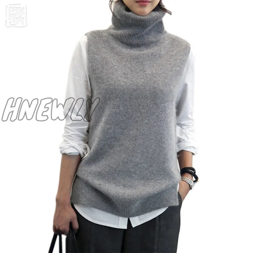 Hnewly Women’s Knitted Angora Rabbit Cashmere Wool Turtleneck Vest Side Slit Winter Female