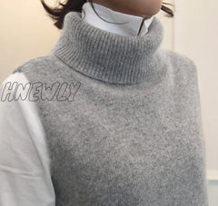 Hnewly Women’s Knitted Angora Rabbit Cashmere Wool Turtleneck Vest Side Slit Winter Female