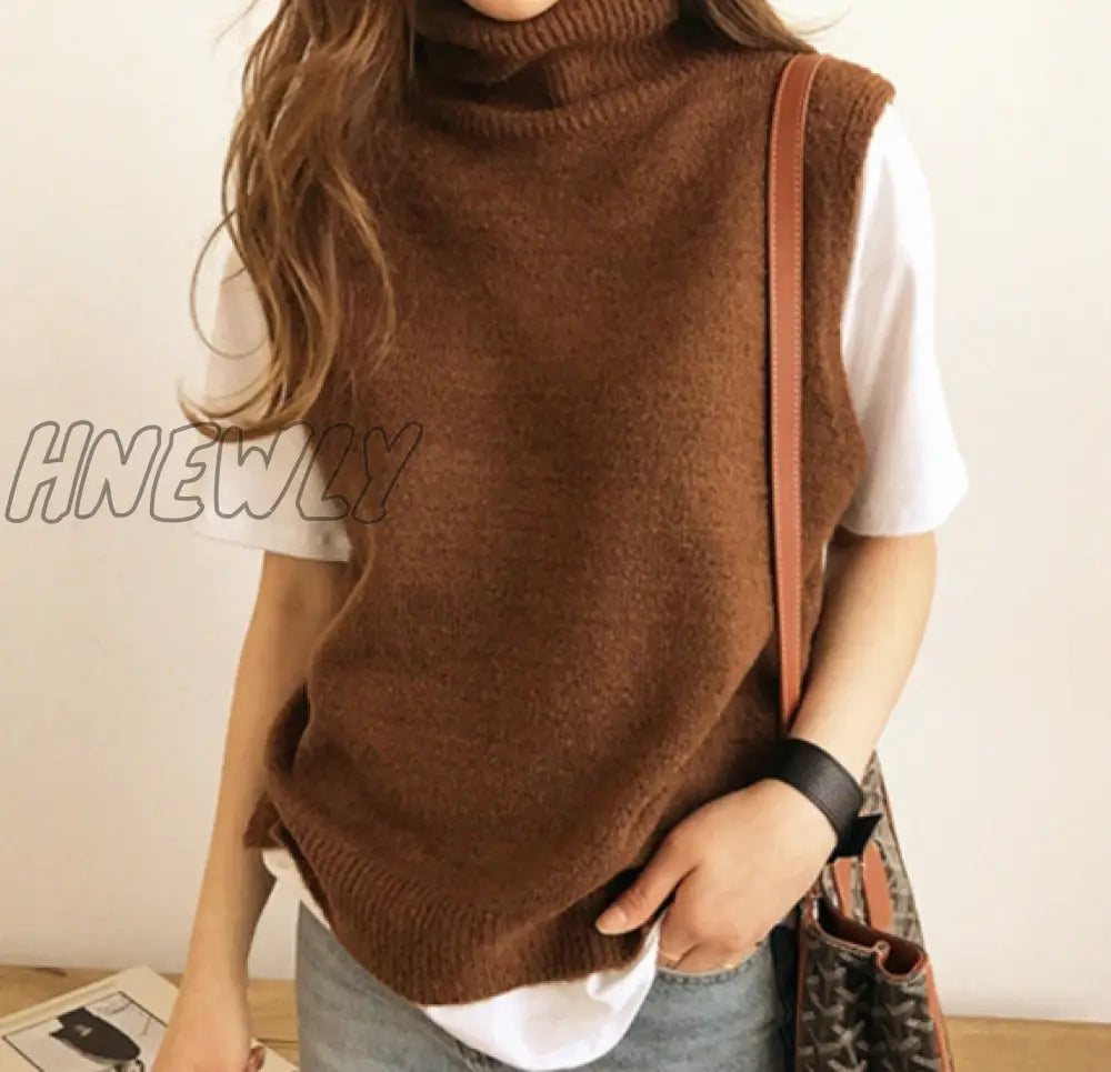 Hnewly Women’s Knitted Angora Rabbit Cashmere Wool Turtleneck Vest Side Slit Winter Female