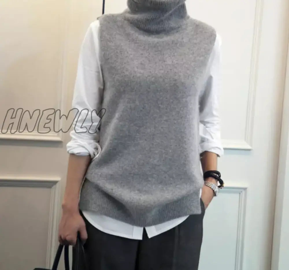 Hnewly Women’s Knitted Angora Rabbit Cashmere Wool Turtleneck Vest Side Slit Winter Female