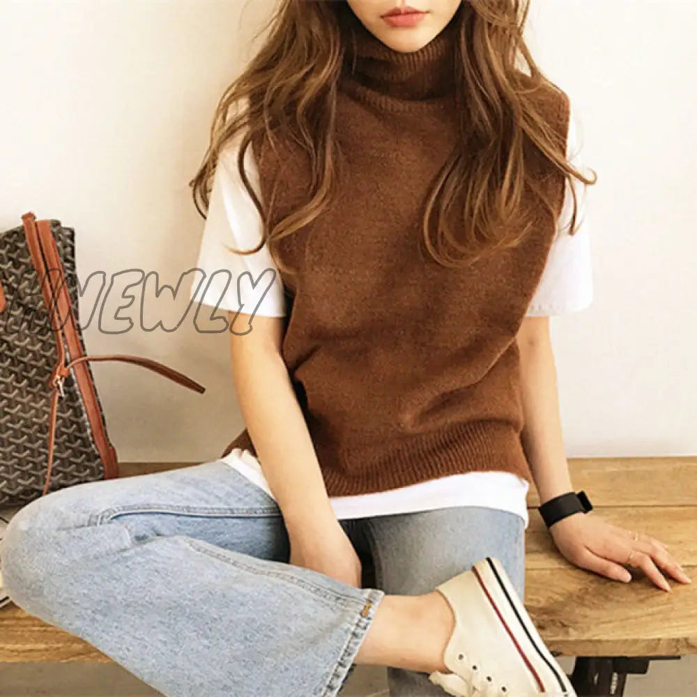 Hnewly Women’s Knitted Angora Rabbit Cashmere Wool Turtleneck Vest Side Slit Winter Female