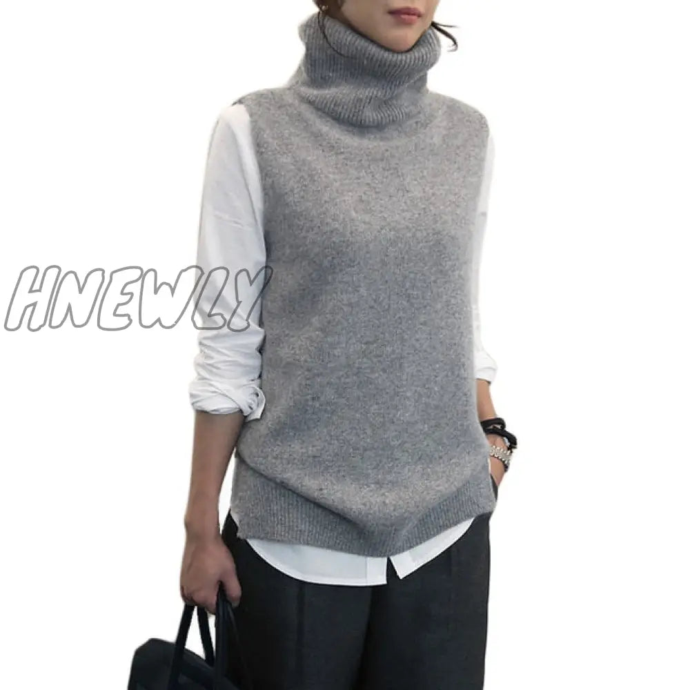 Hnewly Women’s Knitted Angora Rabbit Cashmere Wool Turtleneck Vest Side Slit Winter Female