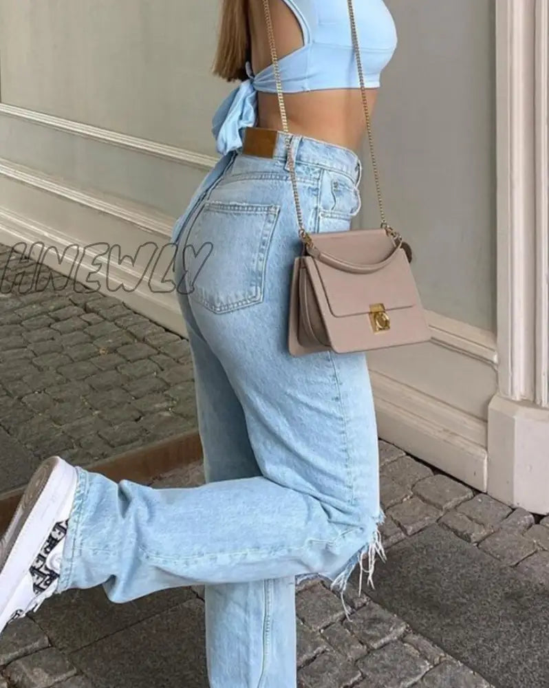 Hnewly Womens Loose Fit Jeans Ripped Wide Leg For Women High Waist Blue Wash Casual Cotton Denim