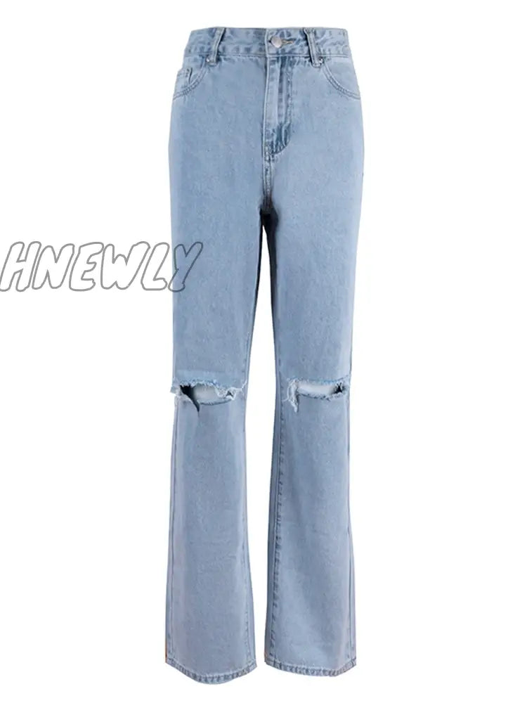 Hnewly Womens Loose Fit Jeans Ripped Wide Leg For Women High Waist Blue Wash Casual Cotton Denim