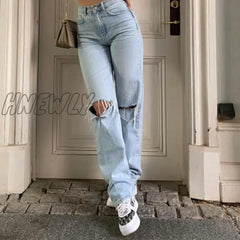 Hnewly Womens Loose Fit Jeans Ripped Wide Leg For Women High Waist Blue Wash Casual Cotton Denim