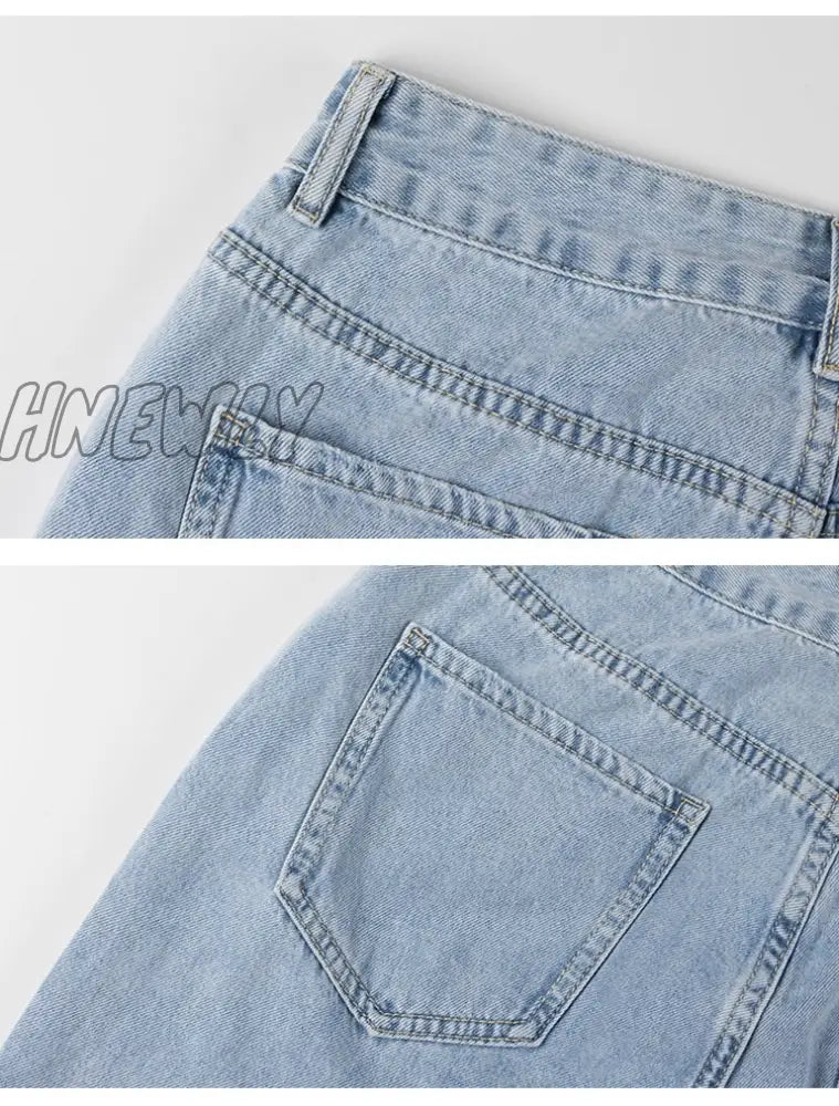 Hnewly Womens Loose Fit Jeans Ripped Wide Leg For Women High Waist Blue Wash Casual Cotton Denim