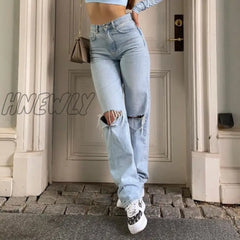 Hnewly Womens Loose Fit Jeans Ripped Wide Leg For Women High Waist Blue Wash Casual Cotton Denim