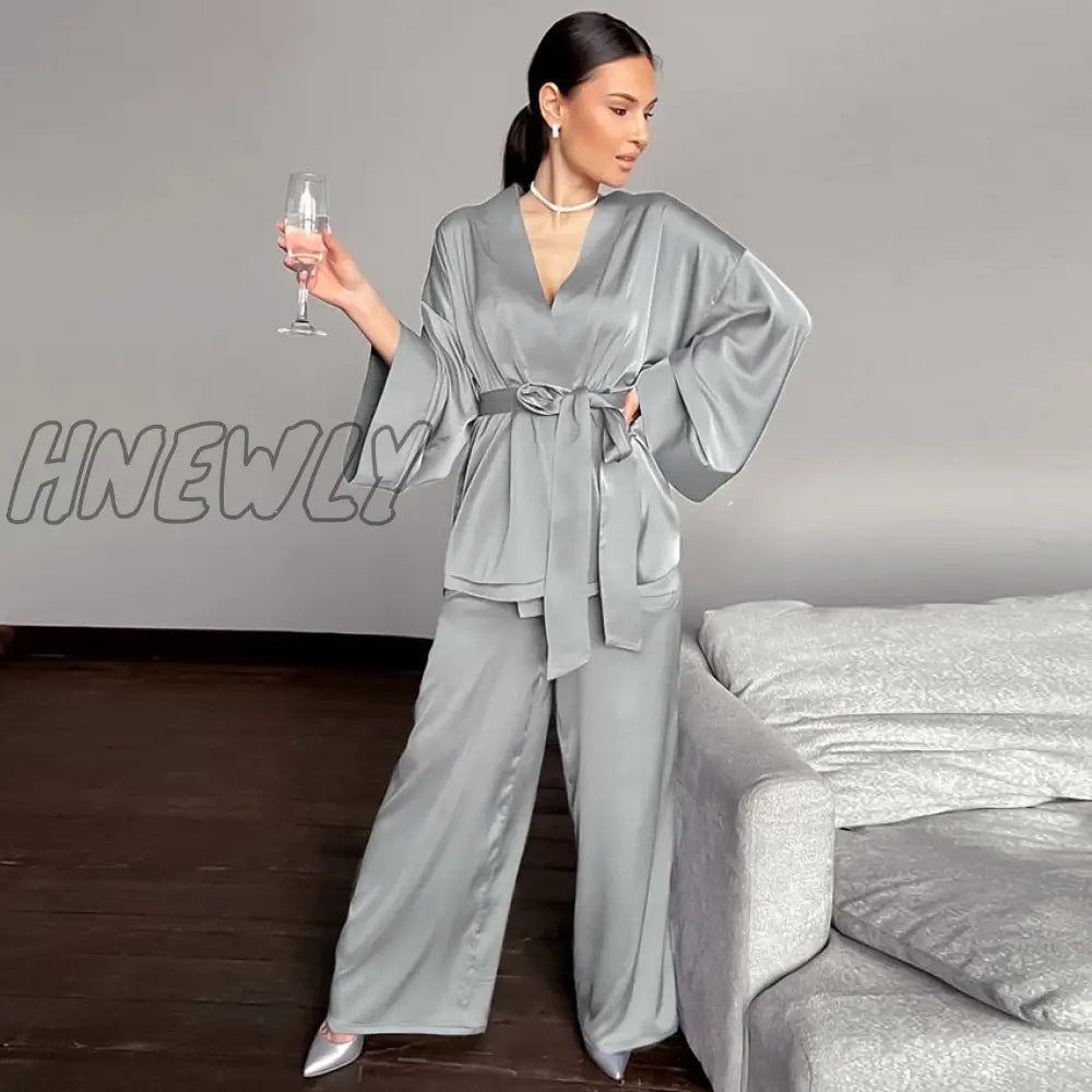 Hnewly Womens Pajama Sets Solid Women Robes With Sashes 2 Piece Set Wrist Sleep Tops Satin Pants