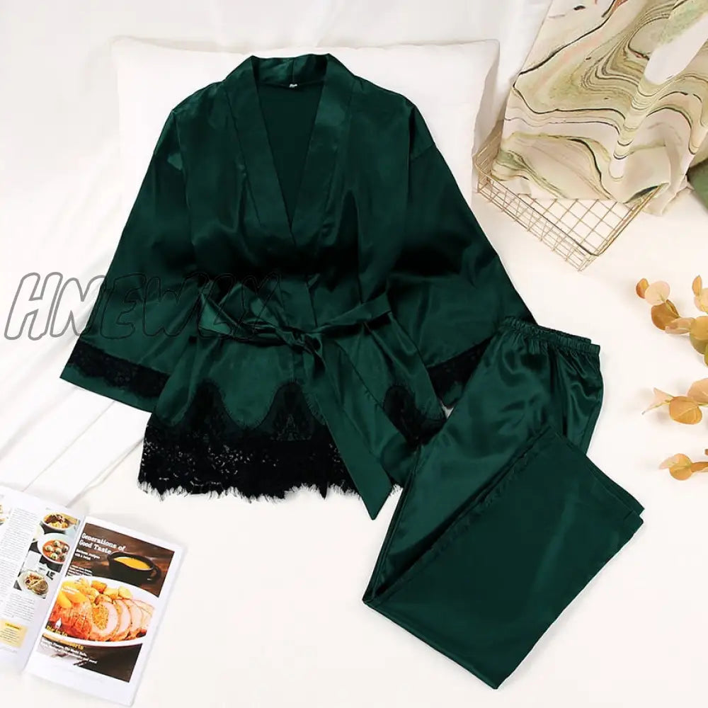 Hnewly Womens Pajama Sets Solid Women Robes With Sashes 2 Piece Set Wrist Sleep Tops Satin Pants