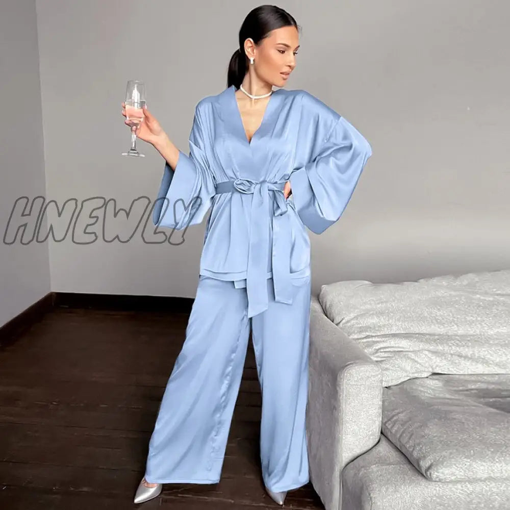 Hnewly Womens Pajama Sets Solid Women Robes With Sashes 2 Piece Set Wrist Sleep Tops Satin Pants