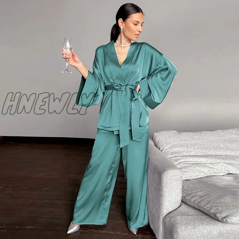 Hnewly Womens Pajama Sets Solid Women Robes With Sashes 2 Piece Set Wrist Sleep Tops Satin Pants