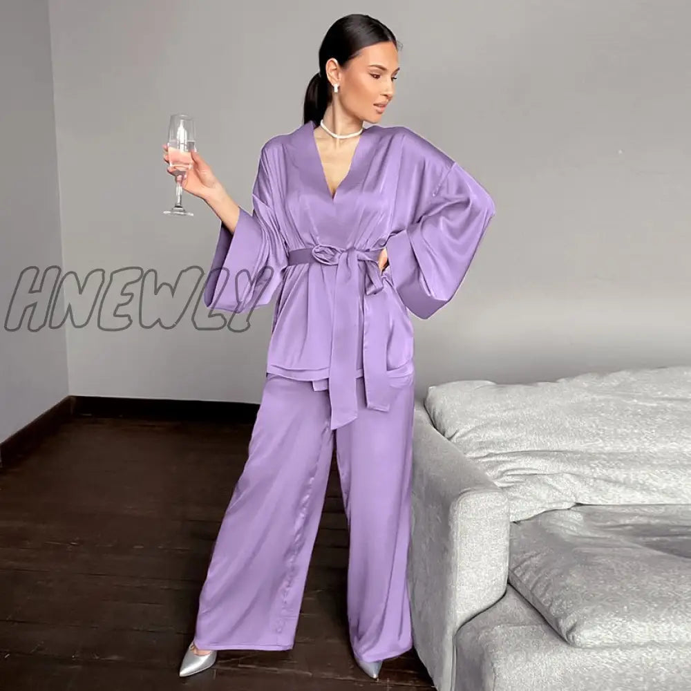 Hnewly Womens Pajama Sets Solid Women Robes With Sashes 2 Piece Set Wrist Sleep Tops Satin Pants