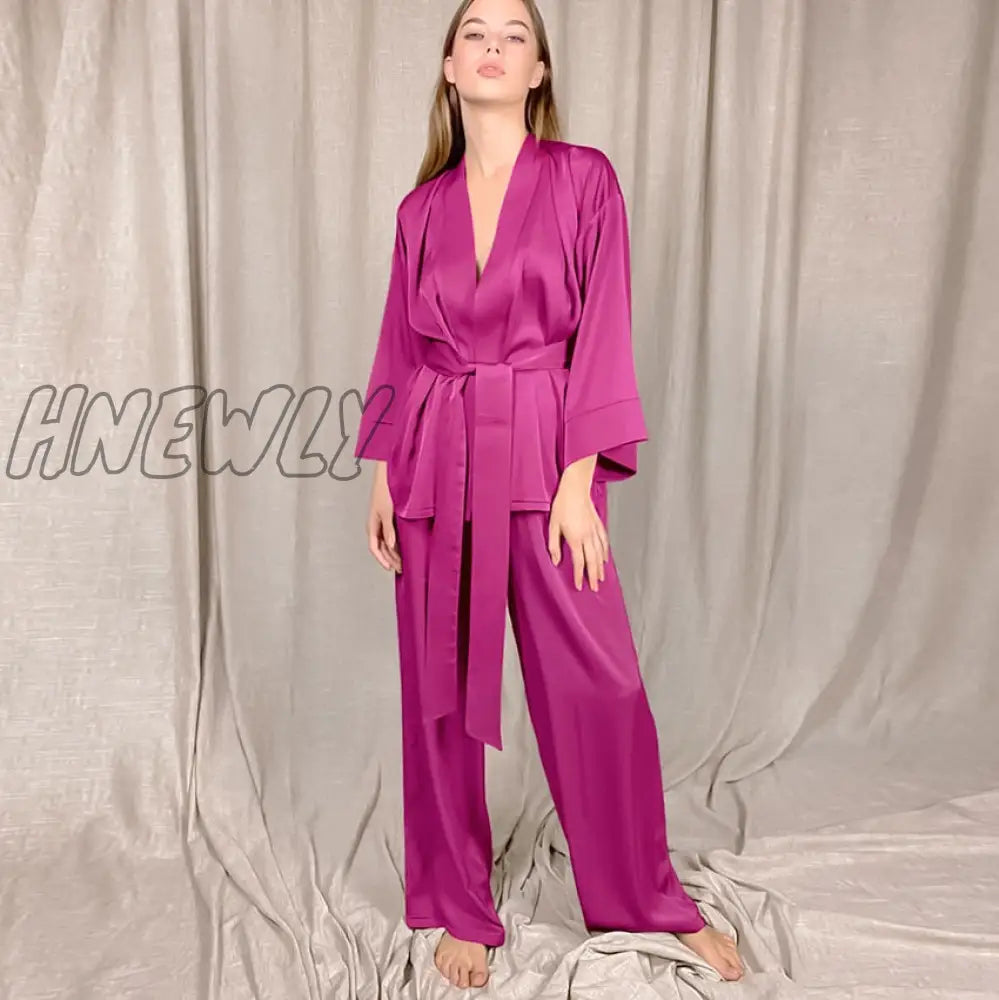 Hnewly Womens Pajama Sets Solid Women Robes With Sashes 2 Piece Set Wrist Sleep Tops Satin Pants