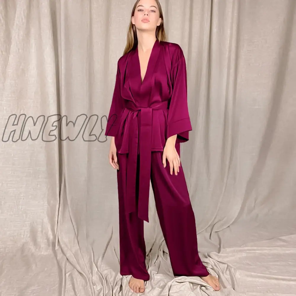 Hnewly Womens Pajama Sets Solid Women Robes With Sashes 2 Piece Set Wrist Sleep Tops Satin Pants