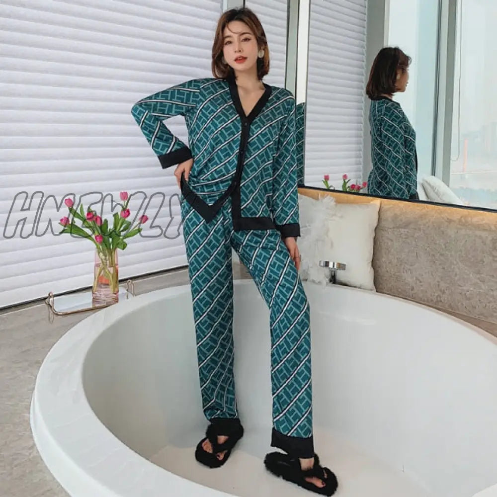 Hnewly Women’s Pajamas Set V Neck Design Luxury Cross Letter Print Sleepwear Silk Like Home