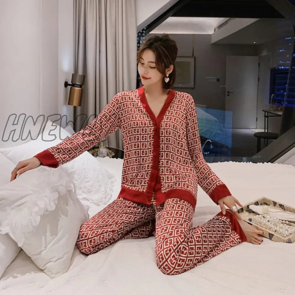 Hnewly Women’s Pajamas Set V Neck Design Luxury Cross Letter Print Sleepwear Silk Like Home