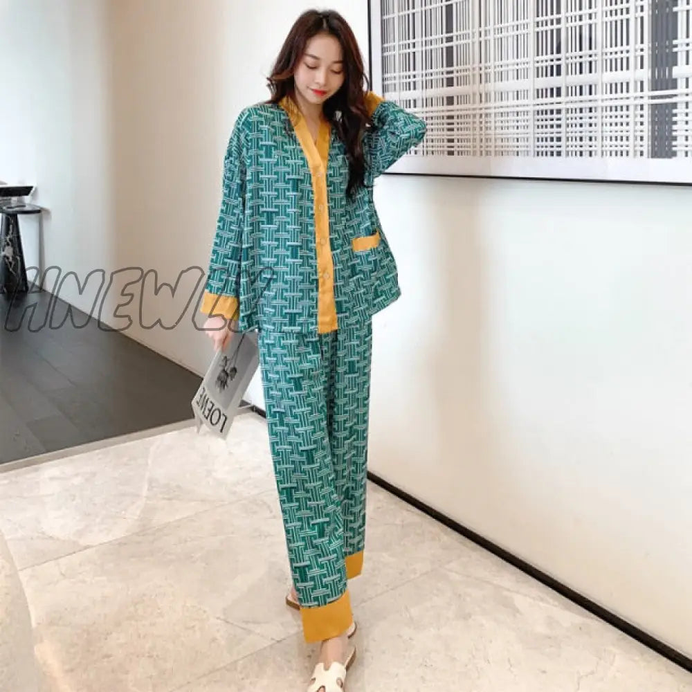 Hnewly Women’s Pajamas Set V Neck Design Luxury Cross Letter Print Sleepwear Silk Like Home