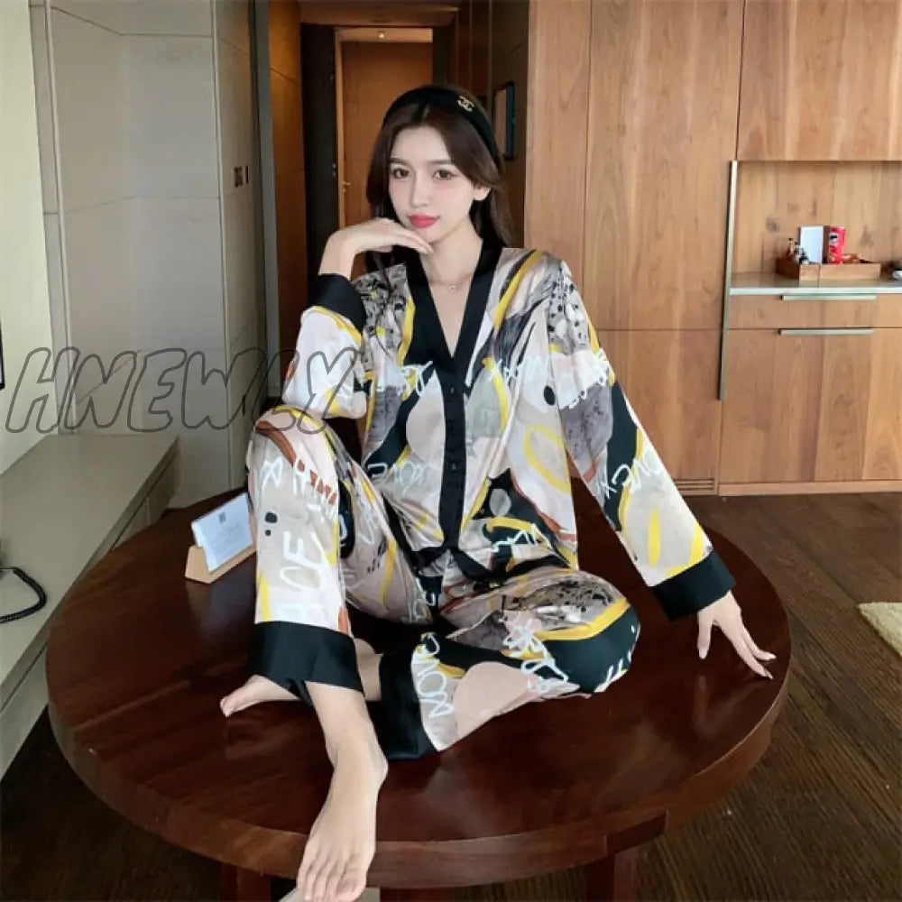 Hnewly Women’s Pajamas Set V Neck Design Luxury Cross Letter Print Sleepwear Silk Like Home