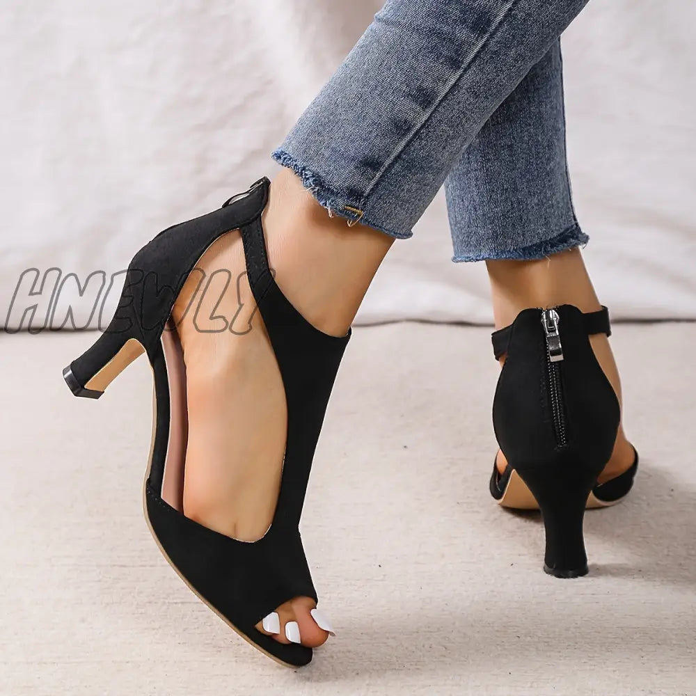 Hnewly Women’s Peep Toe T-Strap High Heels Chunky Heel Back Zipper Sandals Fashion Black Shoes