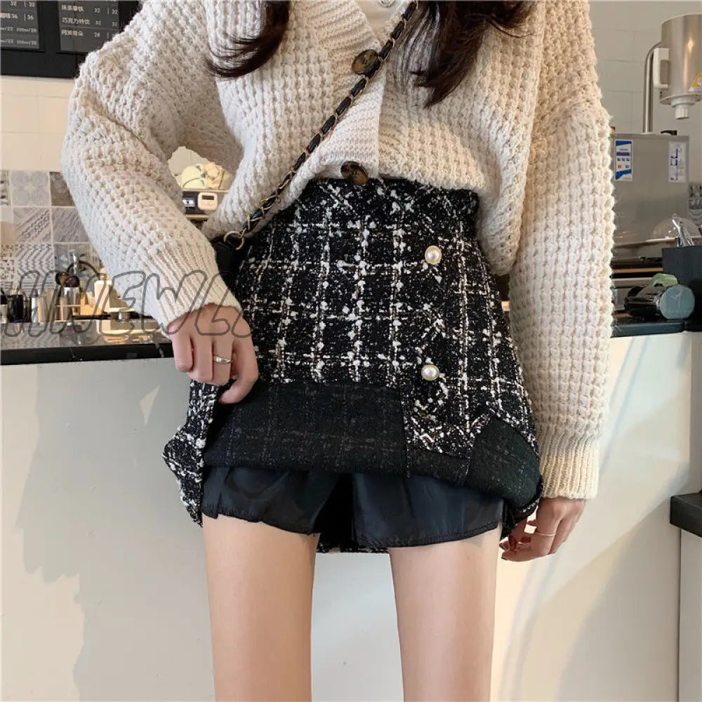 Hnewly Women’s Plaid Skirt Autumn And Winter Woolen A - Line Split Package Hip Woman Skirts Mujer