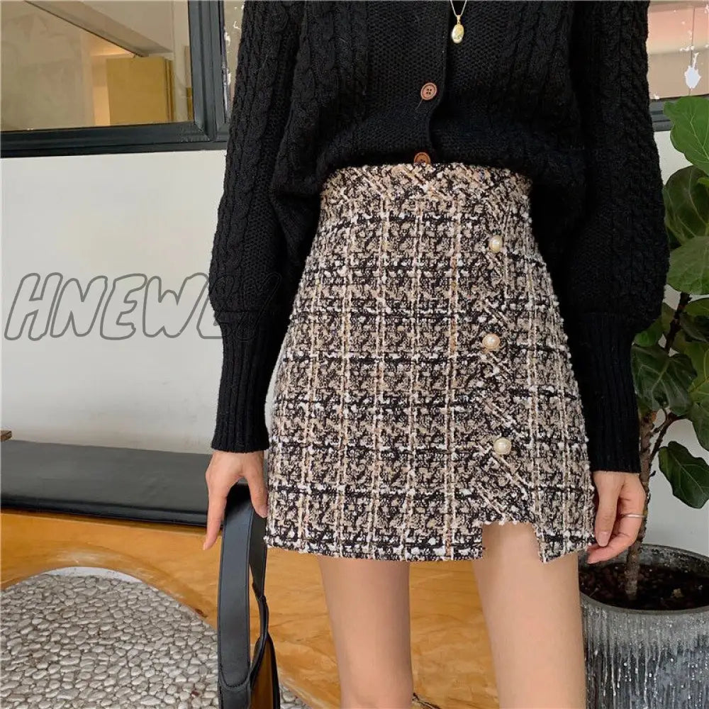 Hnewly Women’s Plaid Skirt Autumn And Winter Woolen A - Line Split Package Hip Woman Skirts Mujer