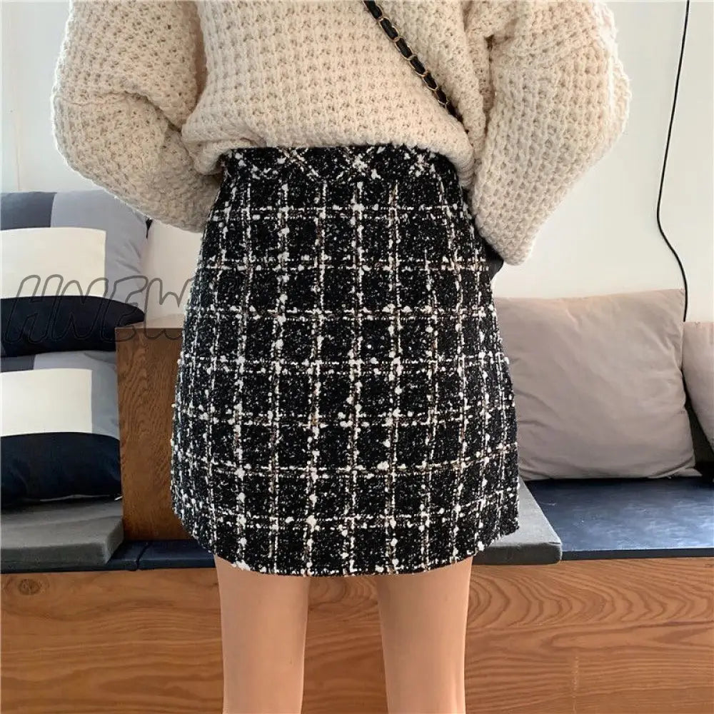 Hnewly Women’s Plaid Skirt Autumn And Winter Woolen A - Line Split Package Hip Woman Skirts Mujer