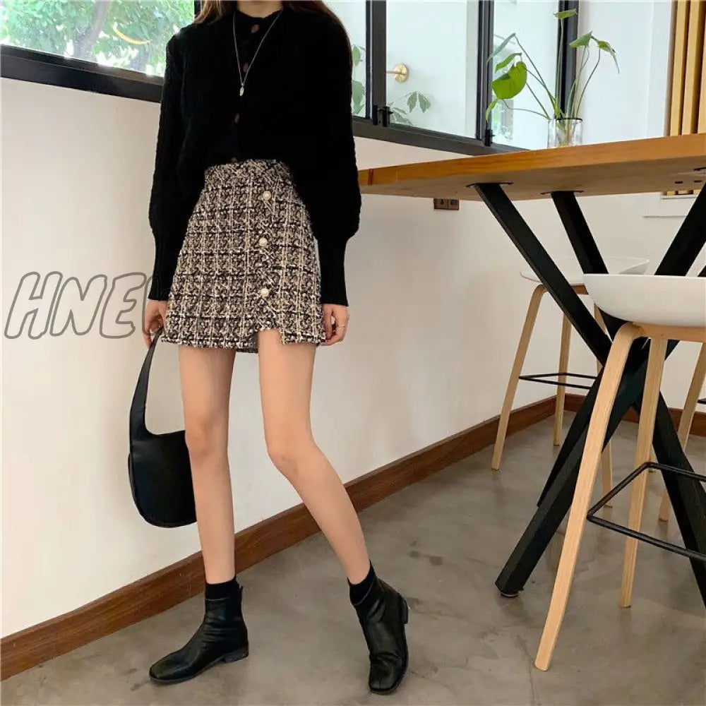 Hnewly Women’s Plaid Skirt Autumn And Winter Woolen A - Line Split Package Hip Woman Skirts Mujer