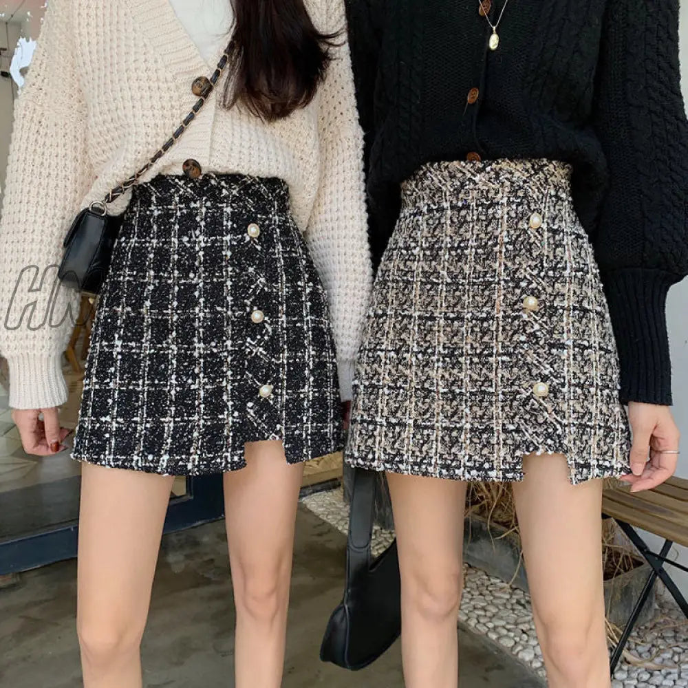 Hnewly Women’s Plaid Skirt Autumn And Winter Woolen A - Line Split Package Hip Woman Skirts Mujer