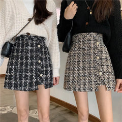 Hnewly Women’s Plaid Skirt Autumn And Winter Woolen A - Line Split Package Hip Woman Skirts Mujer