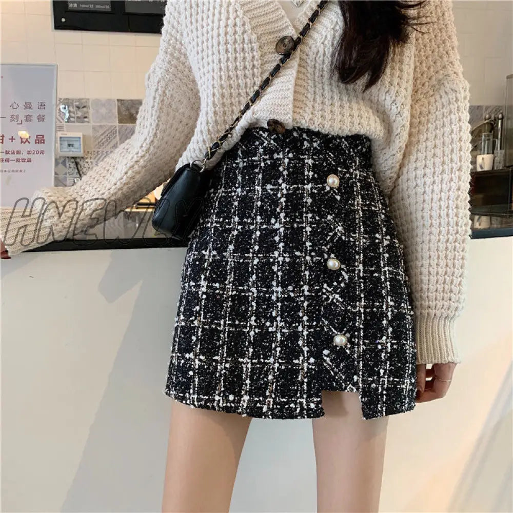 Hnewly Women’s Plaid Skirt Autumn And Winter Woolen A - Line Split Package Hip Woman Skirts Mujer