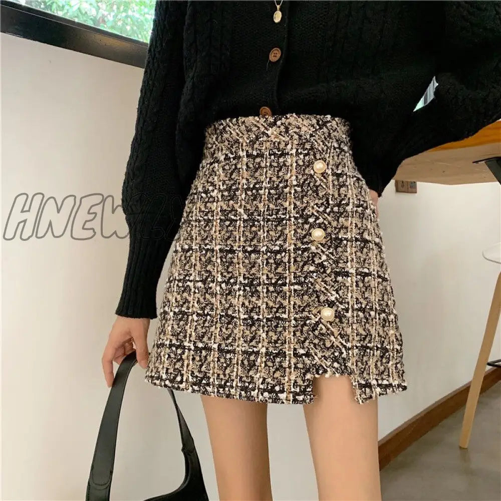 Hnewly Women’s Plaid Skirt Autumn And Winter Woolen A - Line Split Package Hip Woman Skirts Mujer