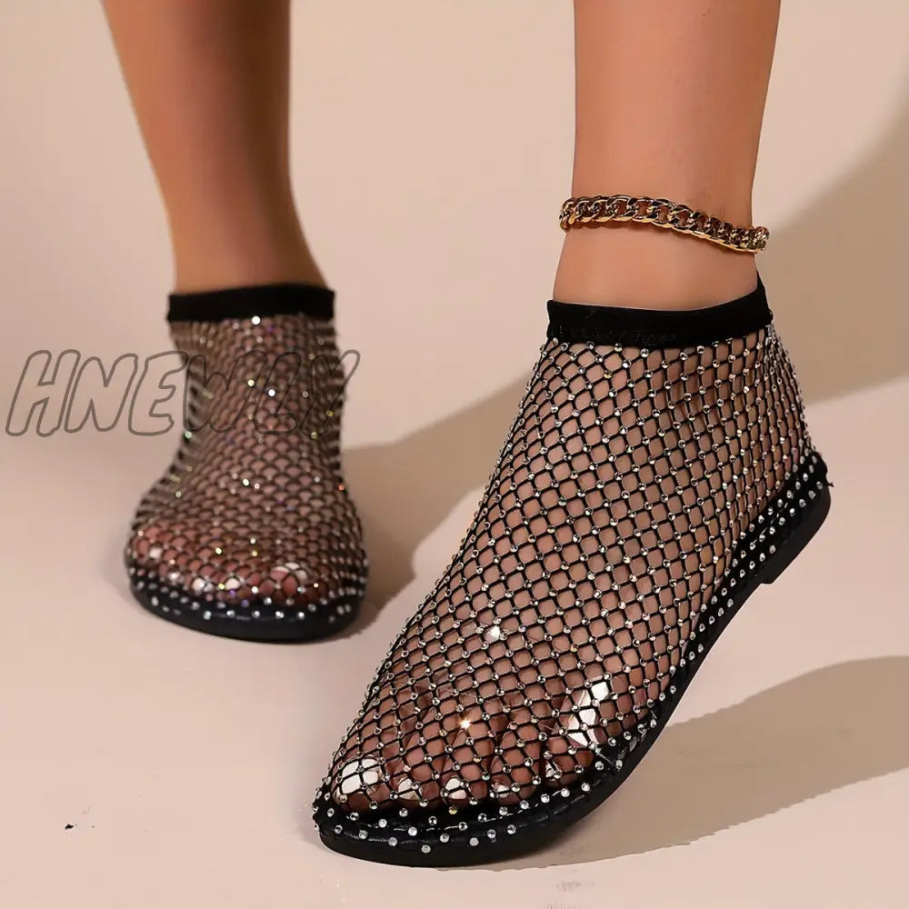 Hnewly Women’s Rhinestone Decor Sandals Slip On Lightweight Hollow Out Shoes Glitter Mesh