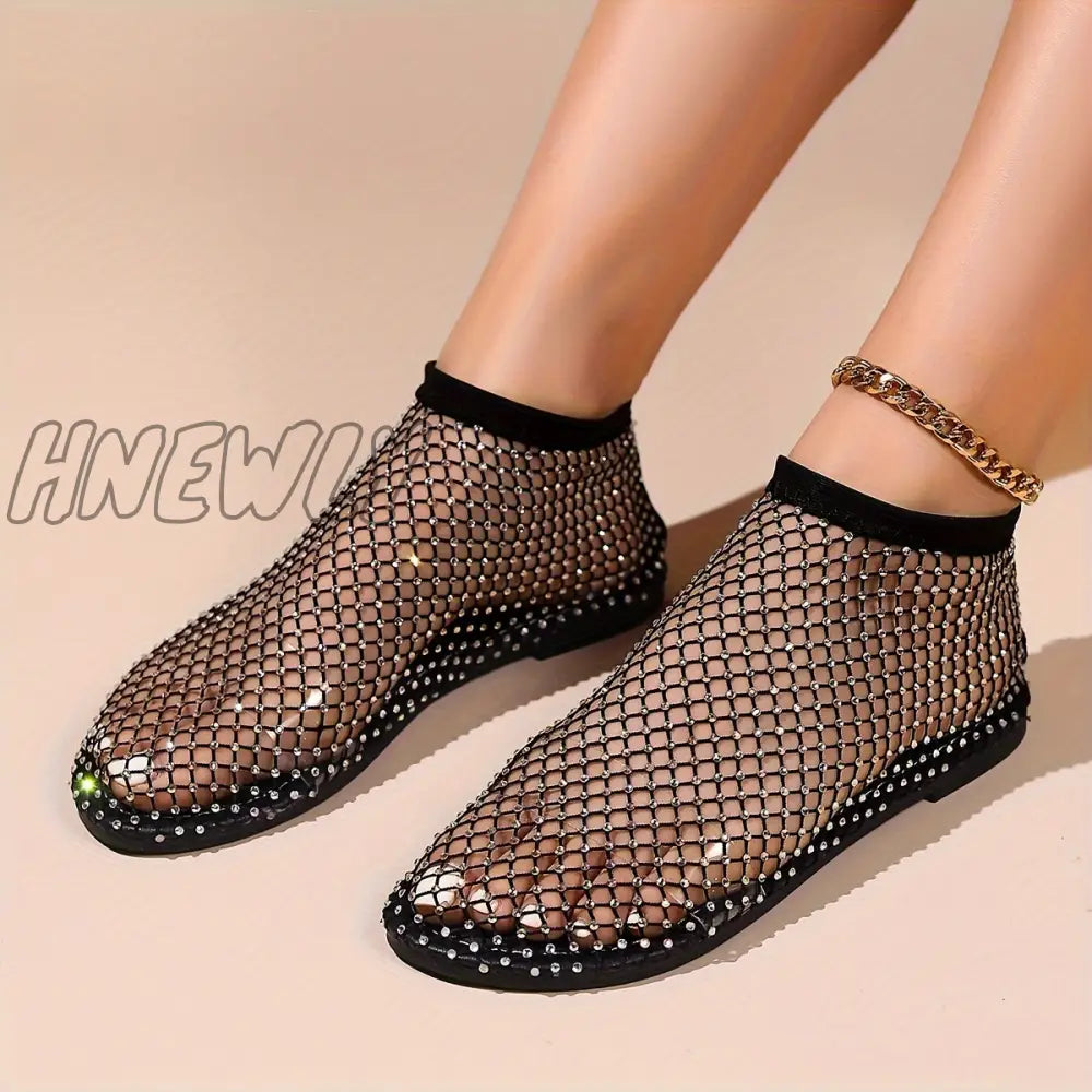 Hnewly Women’s Rhinestone Decor Sandals Slip On Lightweight Hollow Out Shoes Glitter Mesh