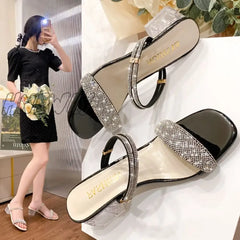 Women’s Sandals 2024 Summer New Fashion Rhinestone High Heels Slippers Female Buckle Party Shoes