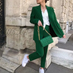 Hnewly Women’s Sets Blazers Office Elegant Ladies Workwear Outfit Female Pocket Jacket Green Coat