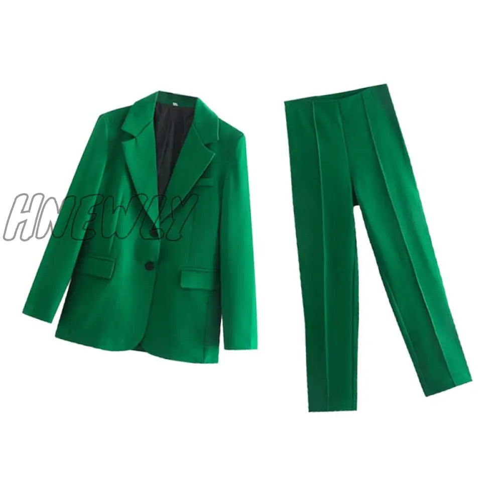 Hnewly Women’s Sets Blazers Office Elegant Ladies Workwear Outfit Female Pocket Jacket Green Coat