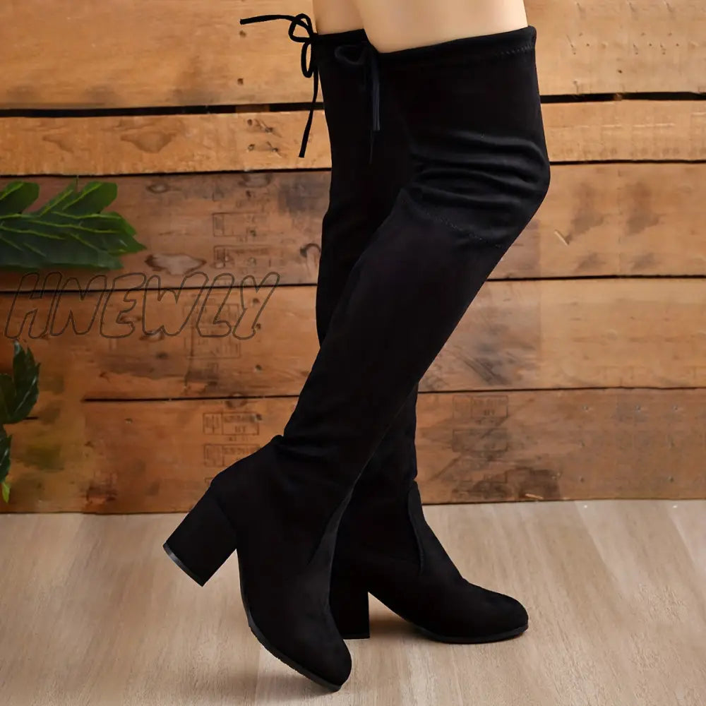 Hnewly Women’s Solid Color Long Boots Slip On Round Toe Chunky Heel Lace Up Elastic Slim Over